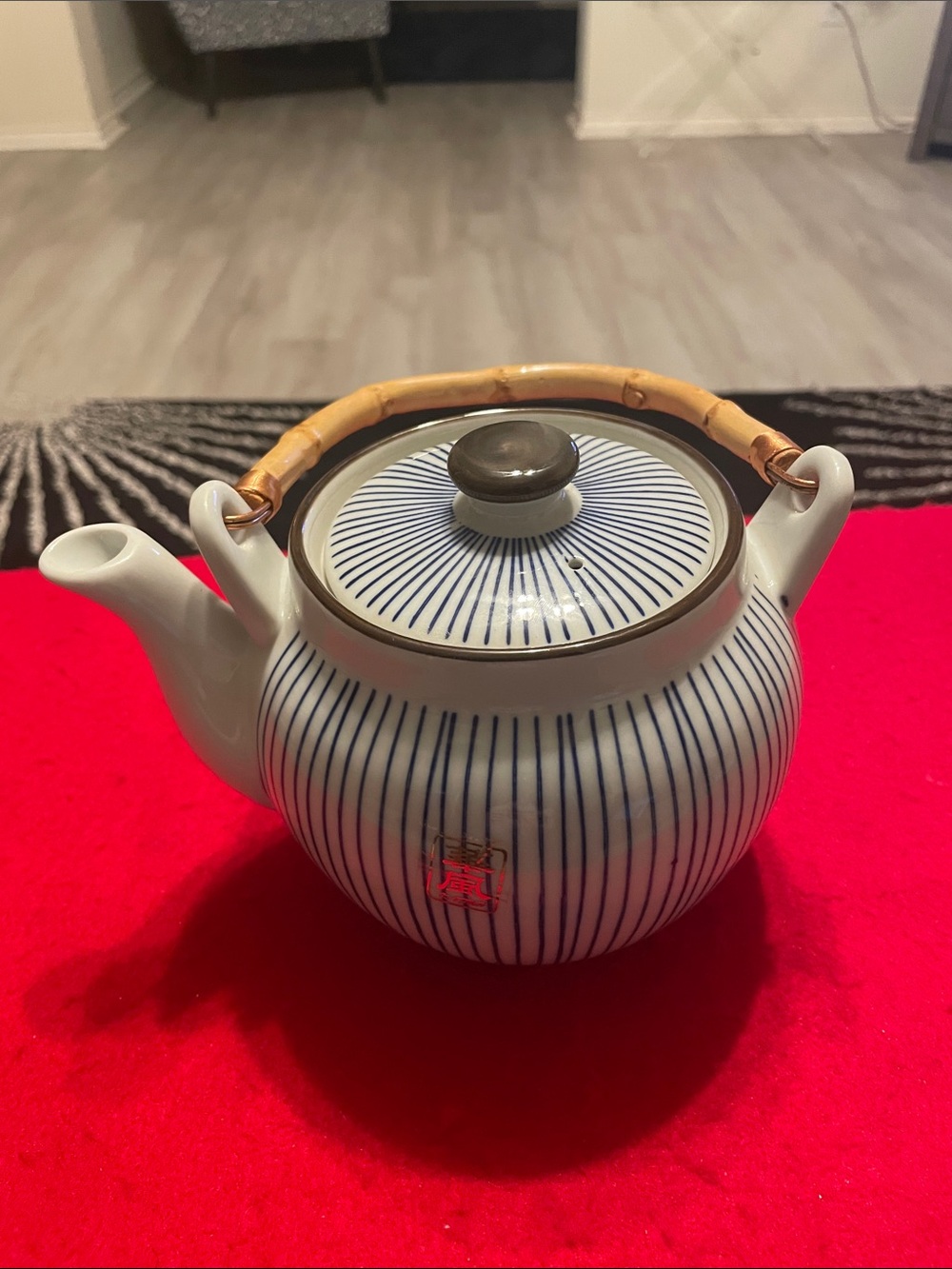 Japanese Ceramic Teapot Blue White Striped Glazed Bamboo Handle Lid & Strainer
